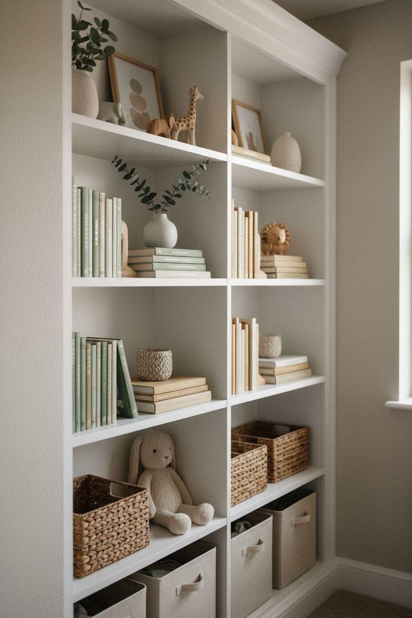 Nursery Bookshelf with symmetrical shaker-style design