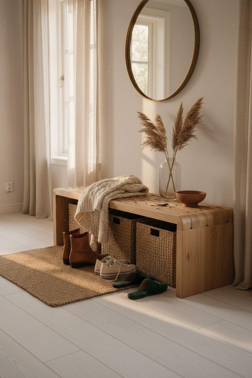 Shoe storage ideas with slatted bench and woven storage cubes