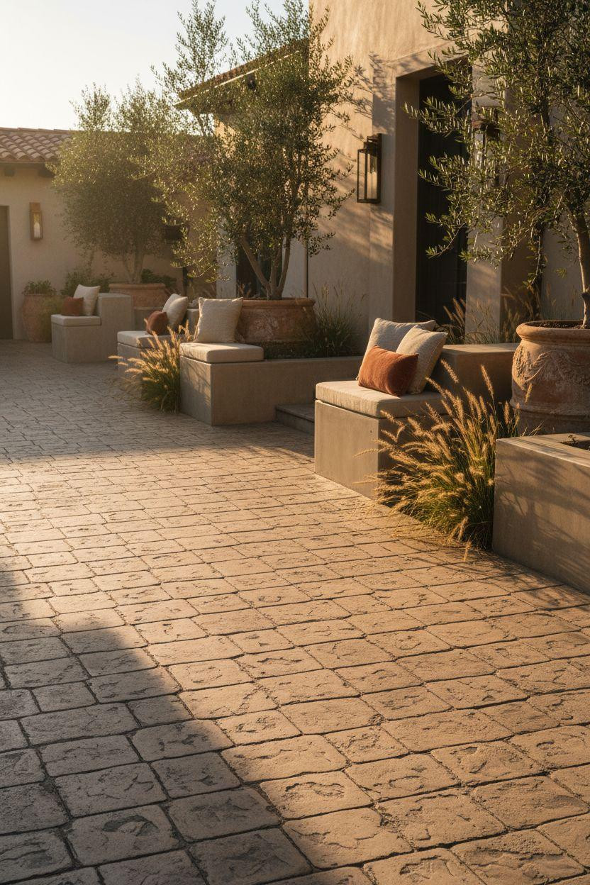 Stamped Concrete Patio Ideas - honey beige cobblestone driveway