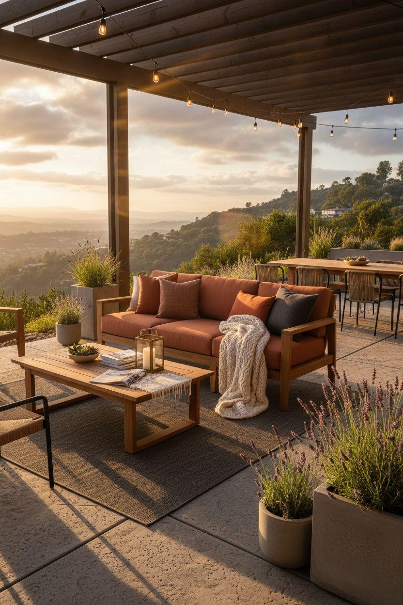 Concrete patio ideas with stamped slate texture and vibrant textile accents