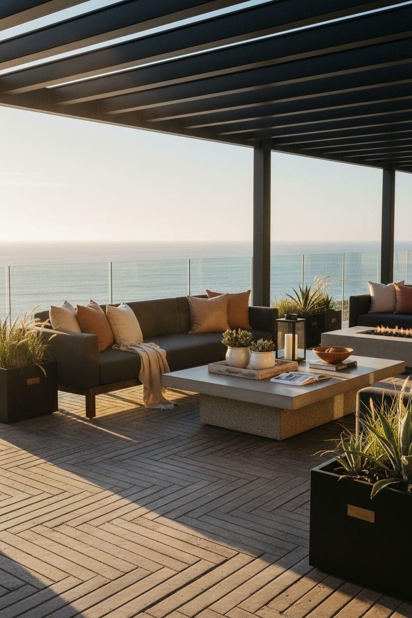 Concrete patio ideas with warm gray geometric pattern and Pacific views