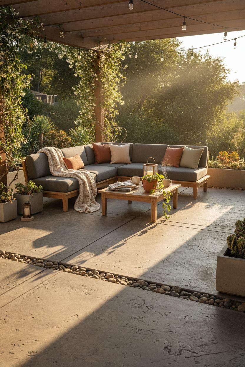 Concrete patio ideas featuring wood grain stamped pattern with river rock borders