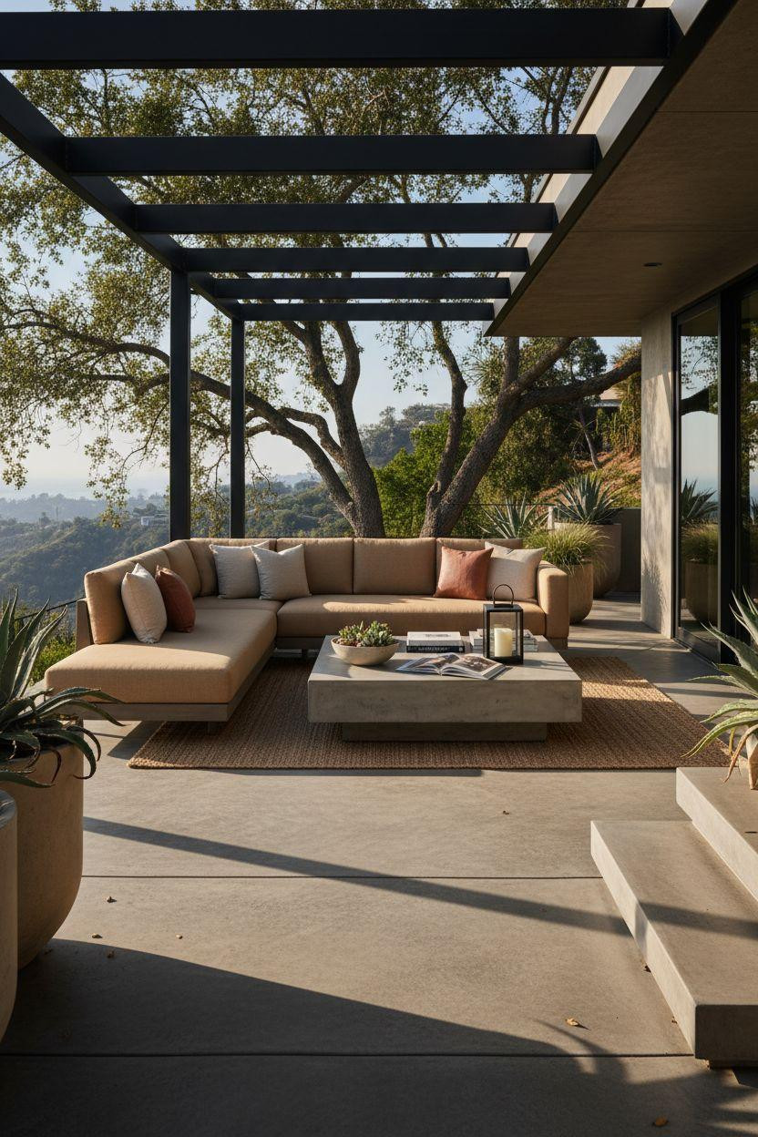 Concrete patio ideas with smooth charcoal linear texture and canyon views