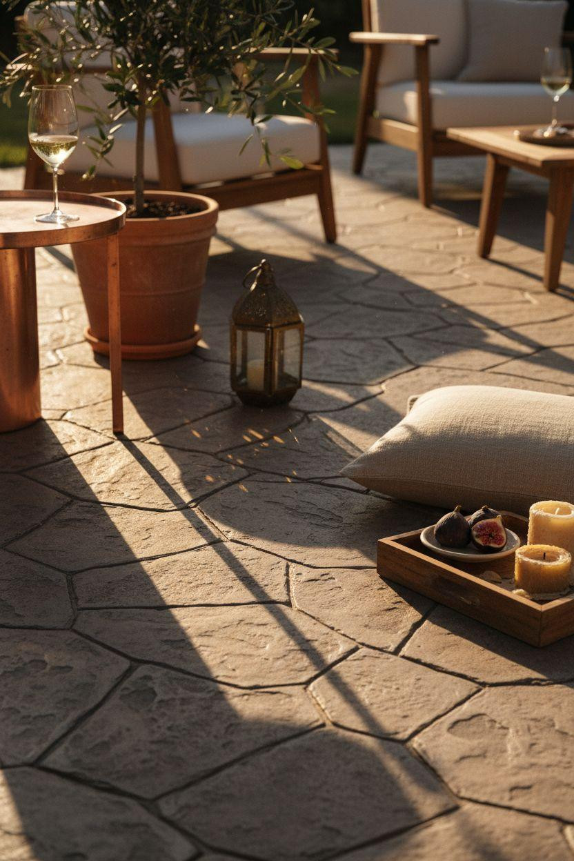 Concrete patio ideas closeup showing dimensional slate texture and styling details