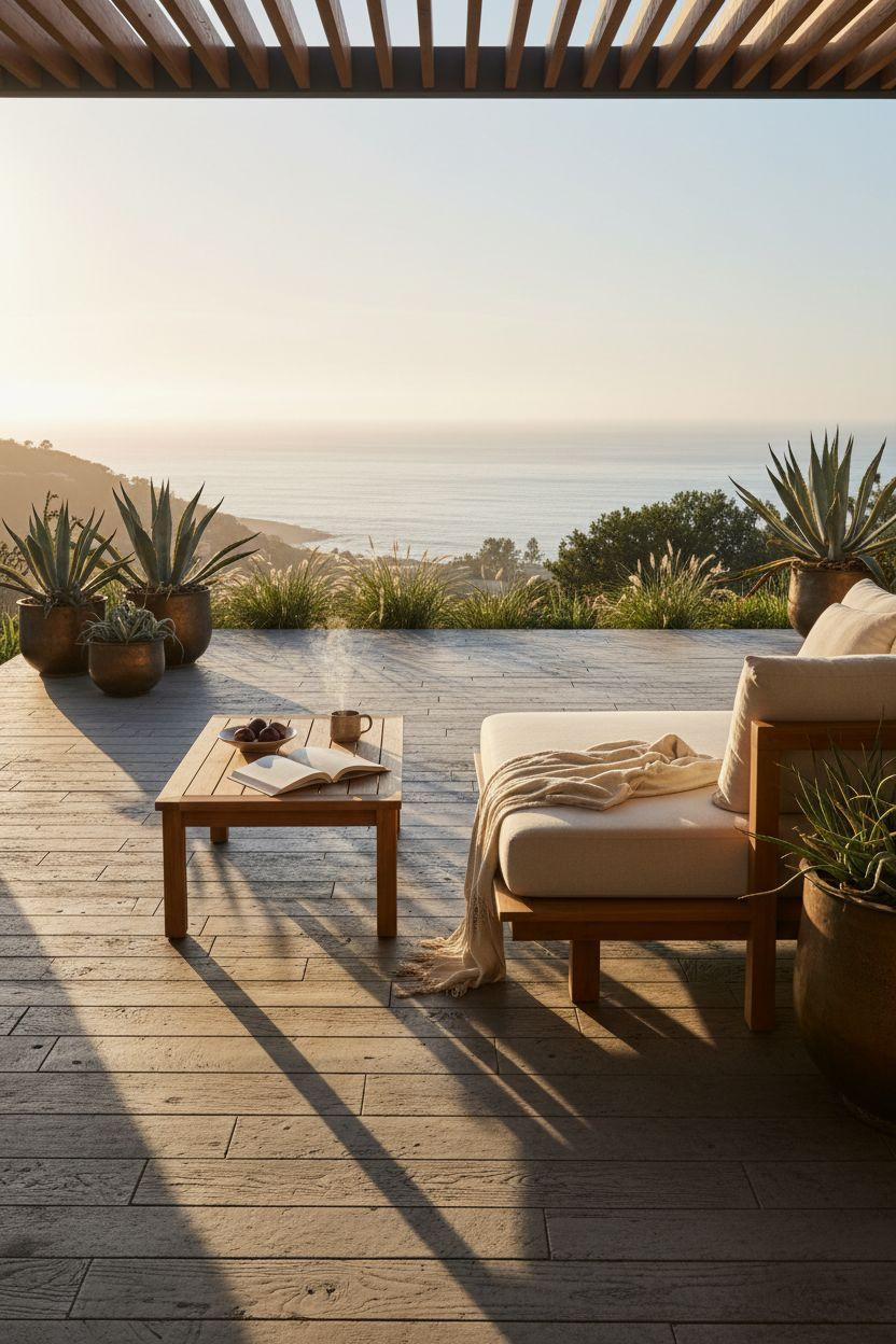 Concrete patio ideas with realistic wood grain texture in charcoal tones