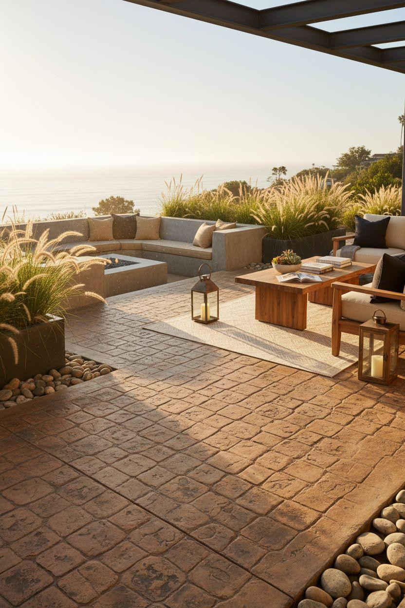 Stamped Concrete Patio Ideas - sandstone ashlar for ocean views