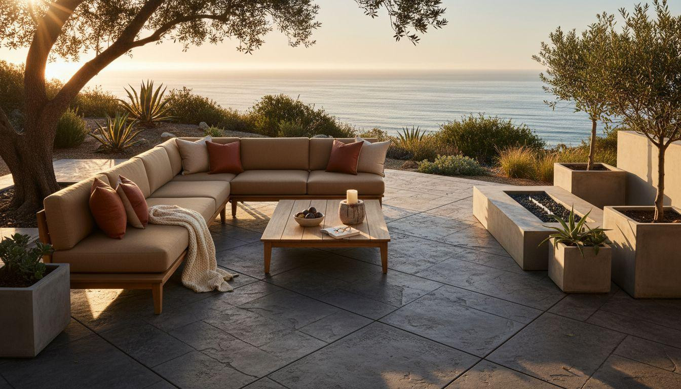 Stamped Concrete Patio Ideas - warm sand with taupe slate pattern