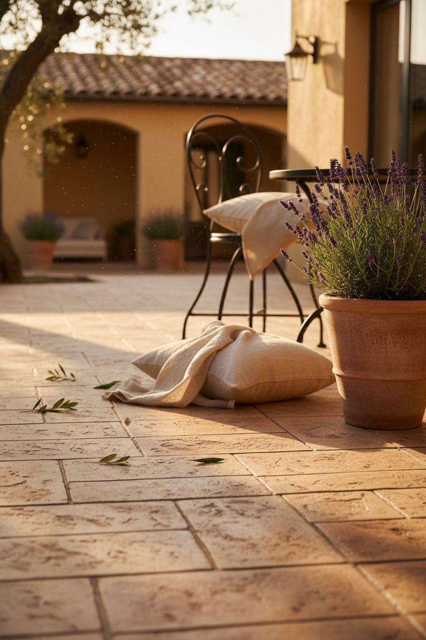 Stamped Concrete Patio Ideas - slate pattern in terracotta and honey amber