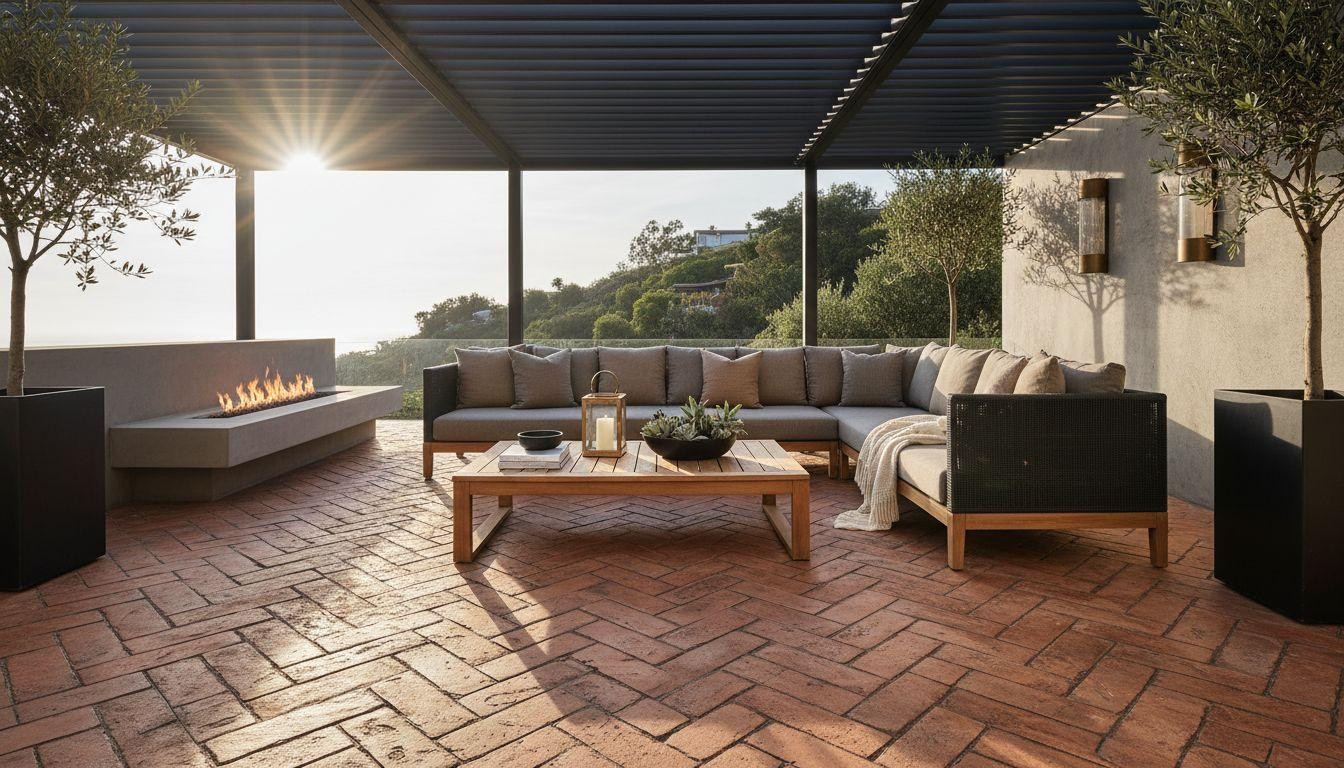 Stamped Concrete Patio Ideas - herringbone pattern in terracotta and sand