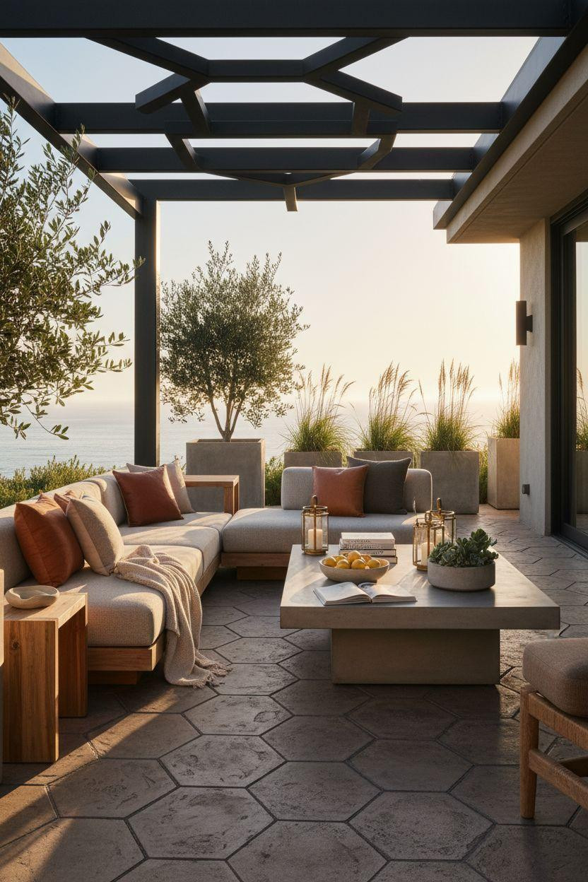 Concrete patio ideas with elaborate hexagonal relief and coastal setting