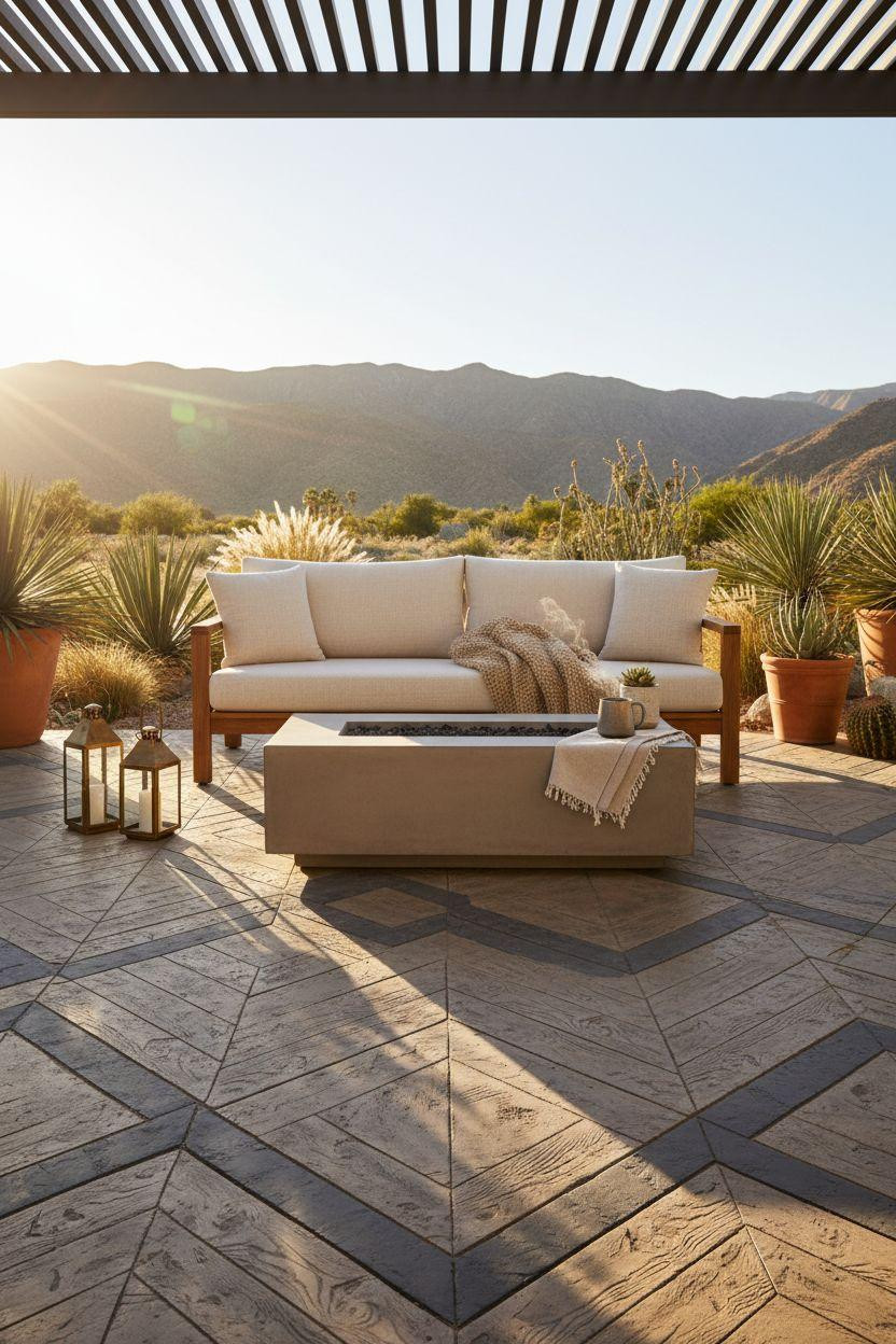 Concrete patio ideas featuring wood texture with geometric diamond border detail