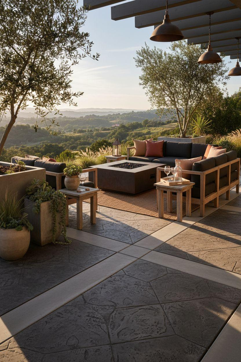 Concrete patio ideas with charcoal concrete featuring geometric relief pattern