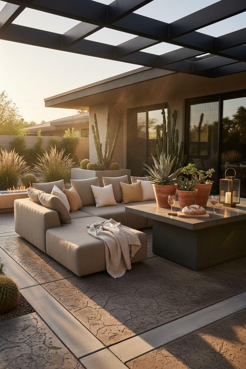 Concrete patio ideas featuring stamped charcoal surface with desert landscaping