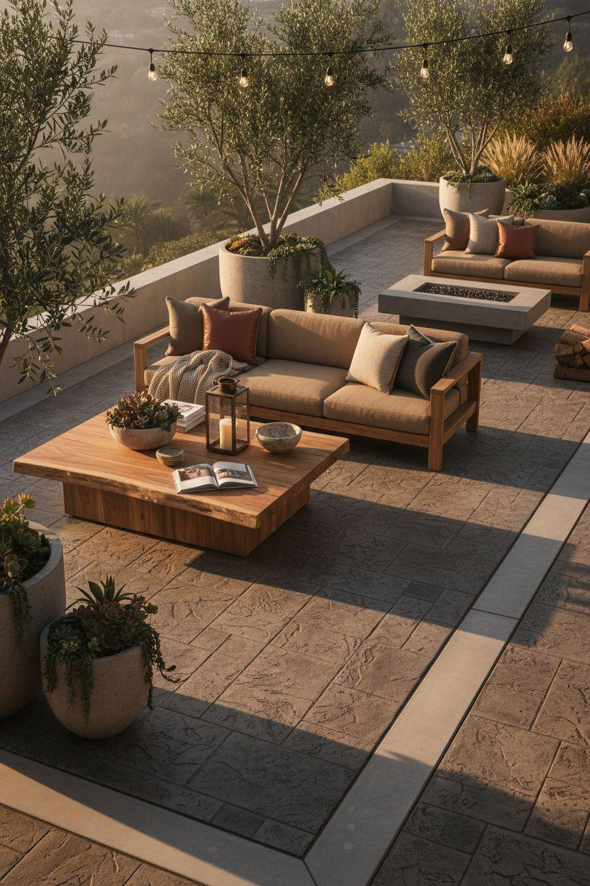 Concrete patio ideas with charcoal bluestone texture and live edge furniture