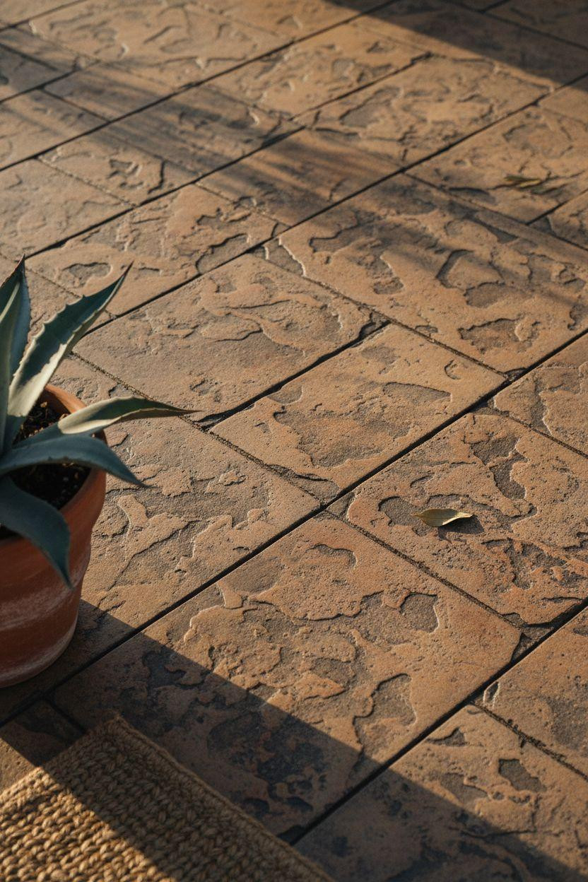 Stamped Concrete Patio Ideas - close-up of desert sand ashlar texture