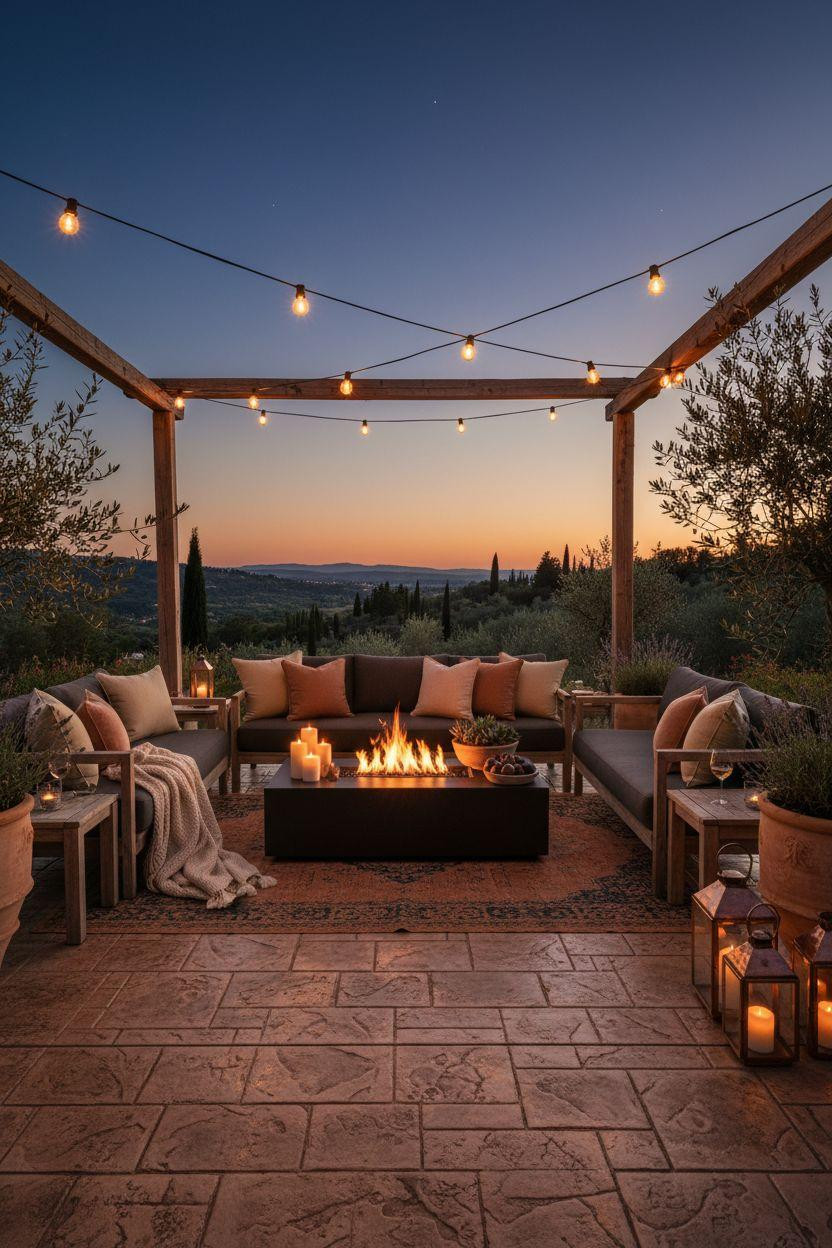 Stamped Concrete Patio Ideas - warm tones for evening entertaining