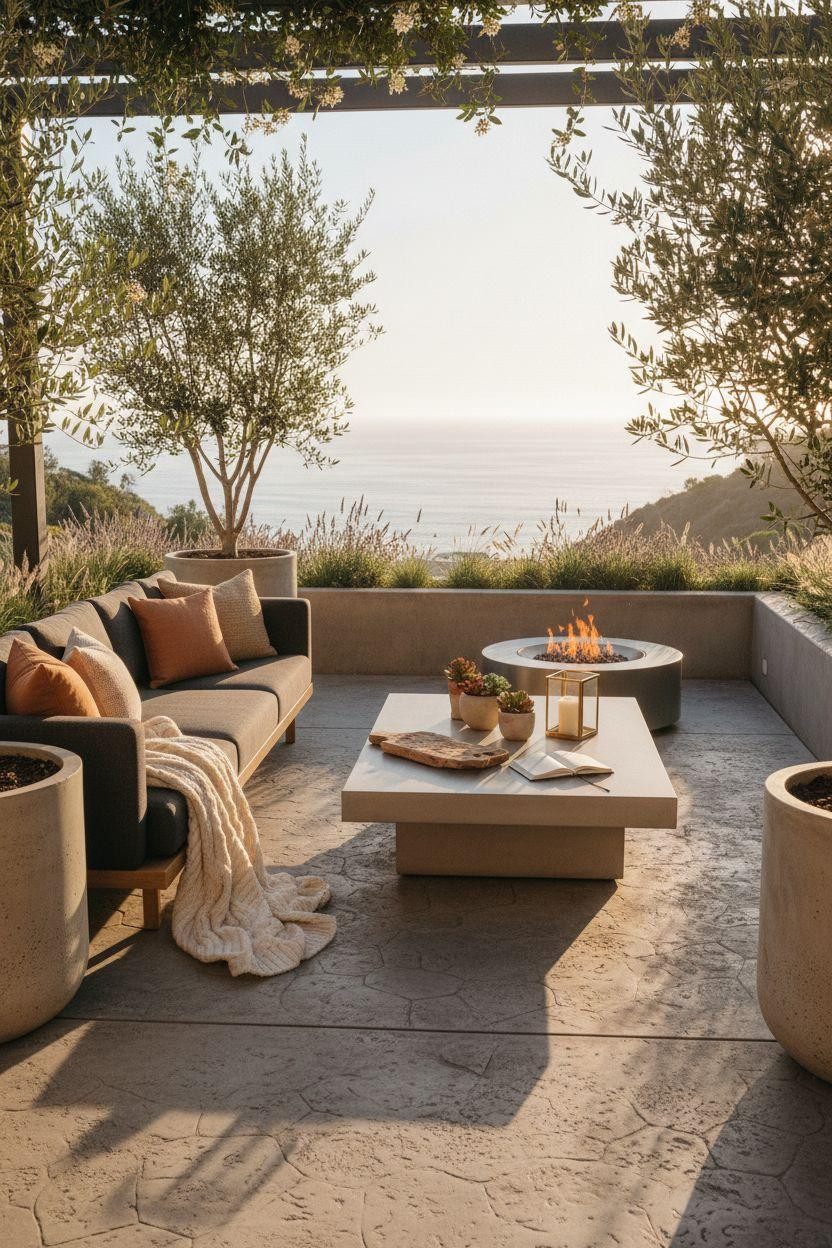 Concrete patio ideas with warm gray cement and steel pergola covered in vines