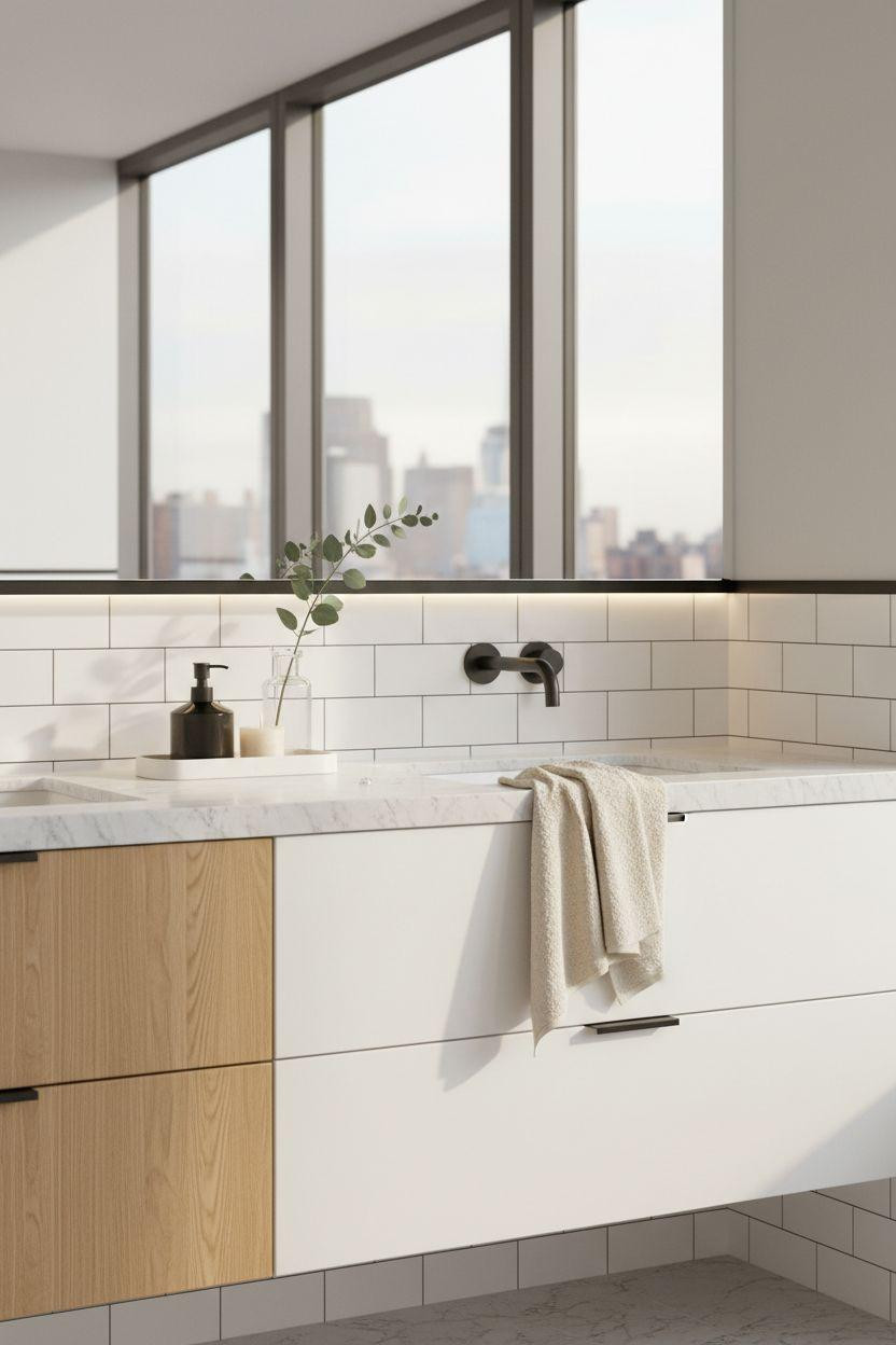 Wainscoting bathroom with contemporary tile design and matte black fixtures