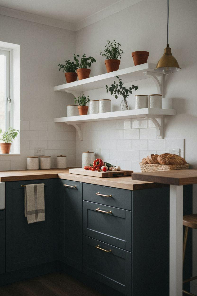 Tiny Kitchen Ideas - matte charcoal cabinets with brass handles and oak shelves