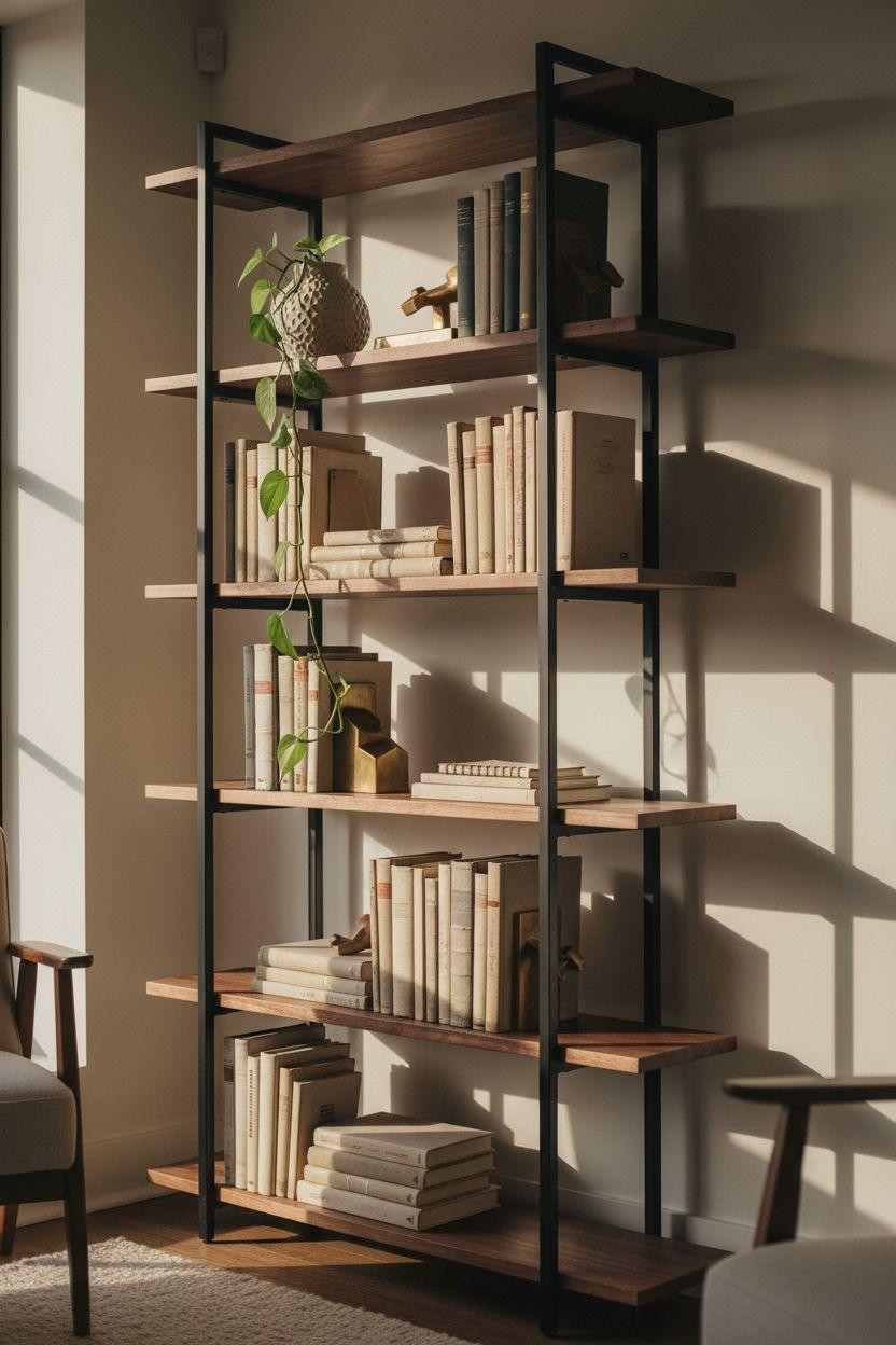 Corner bookshelf - modern walnut with black metal accents