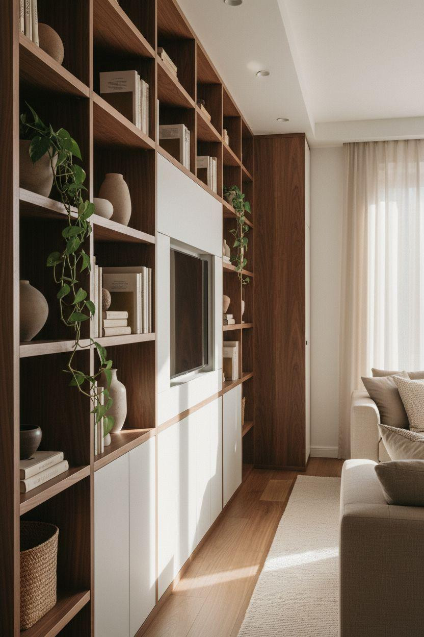 Bookshelf living room with walnut media wall and concealed TV
