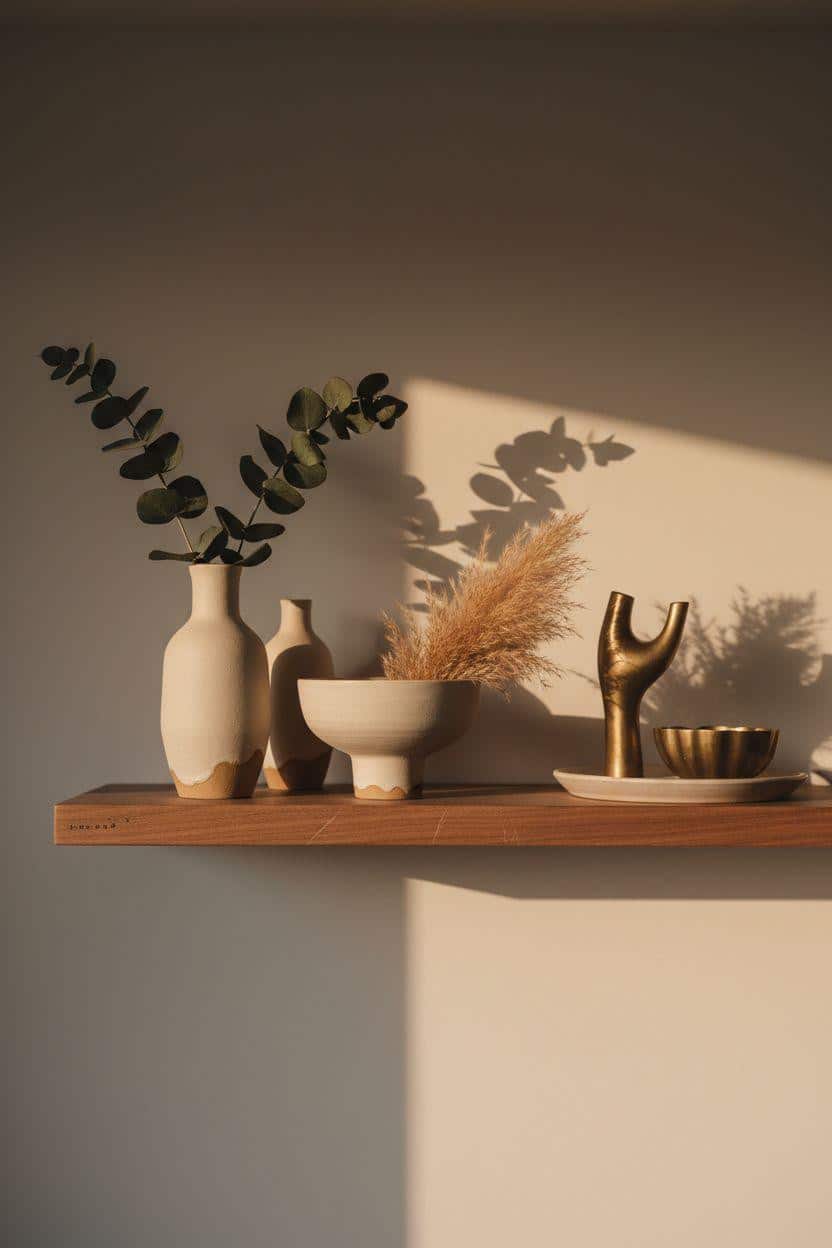Shelf Decor Living Room - modern walnut shelf with ceramic vessels and eucalyptus branches