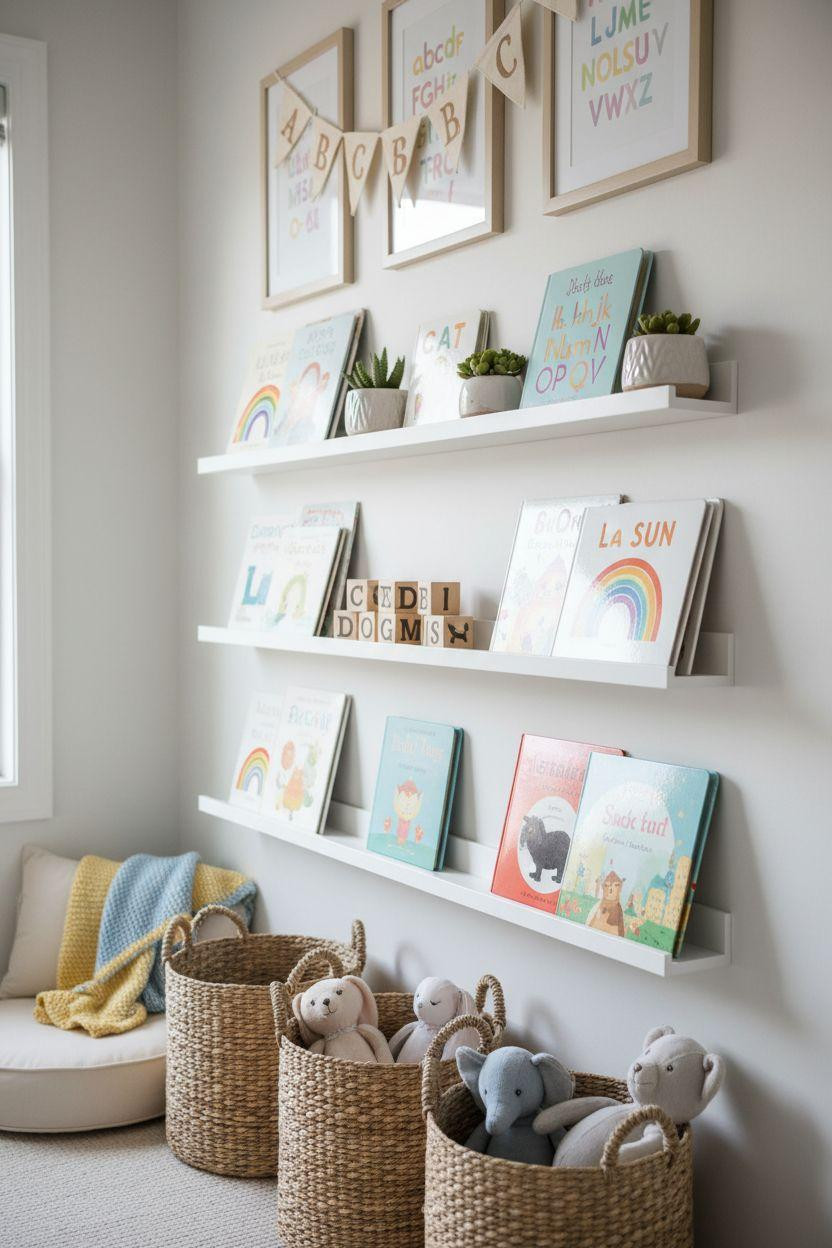 Nursery Bookshelf with forward-facing books at child height