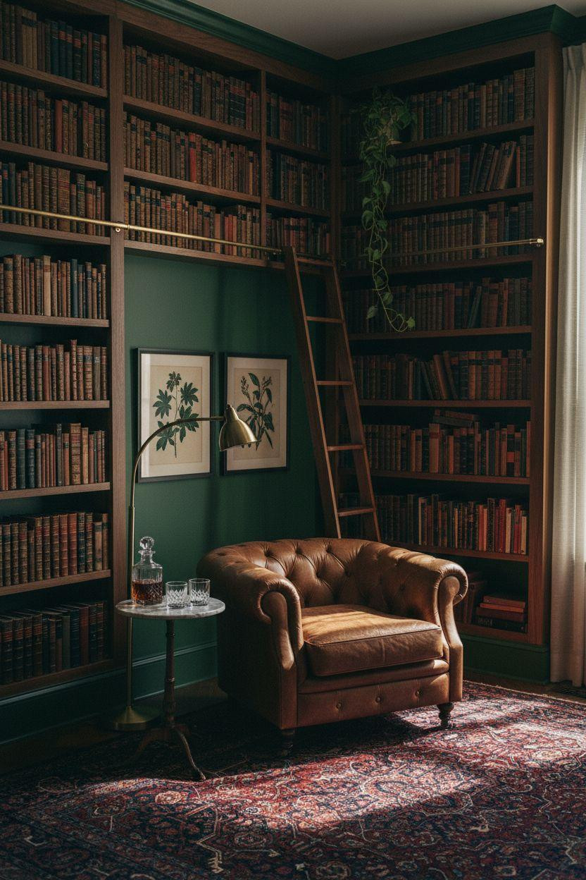 Moody dark green home library with cognac leather chair