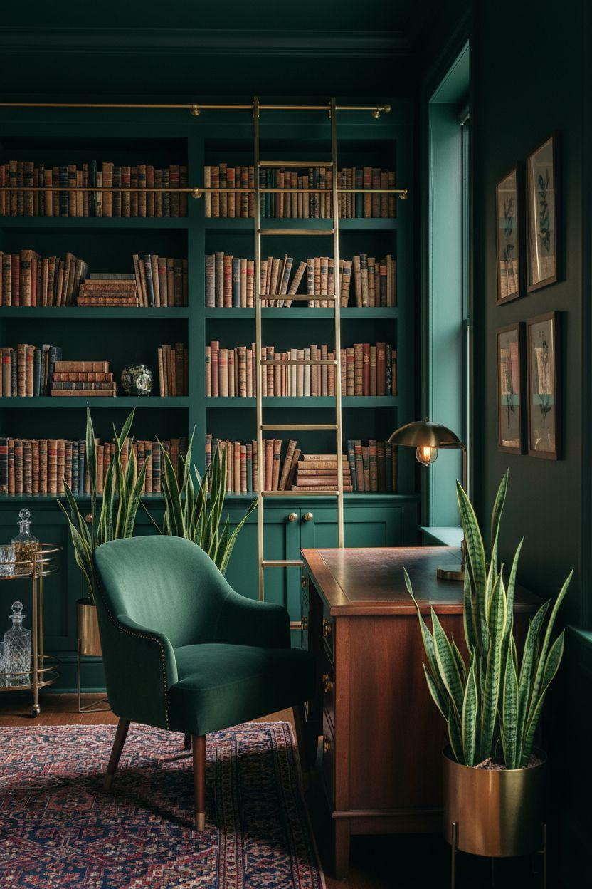 Moody study room with dark green walls and brass ladder