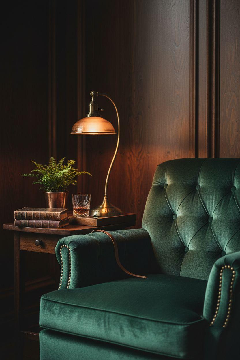 Home Library Rooms Ideas - jewel tone reading chair with brass lamp