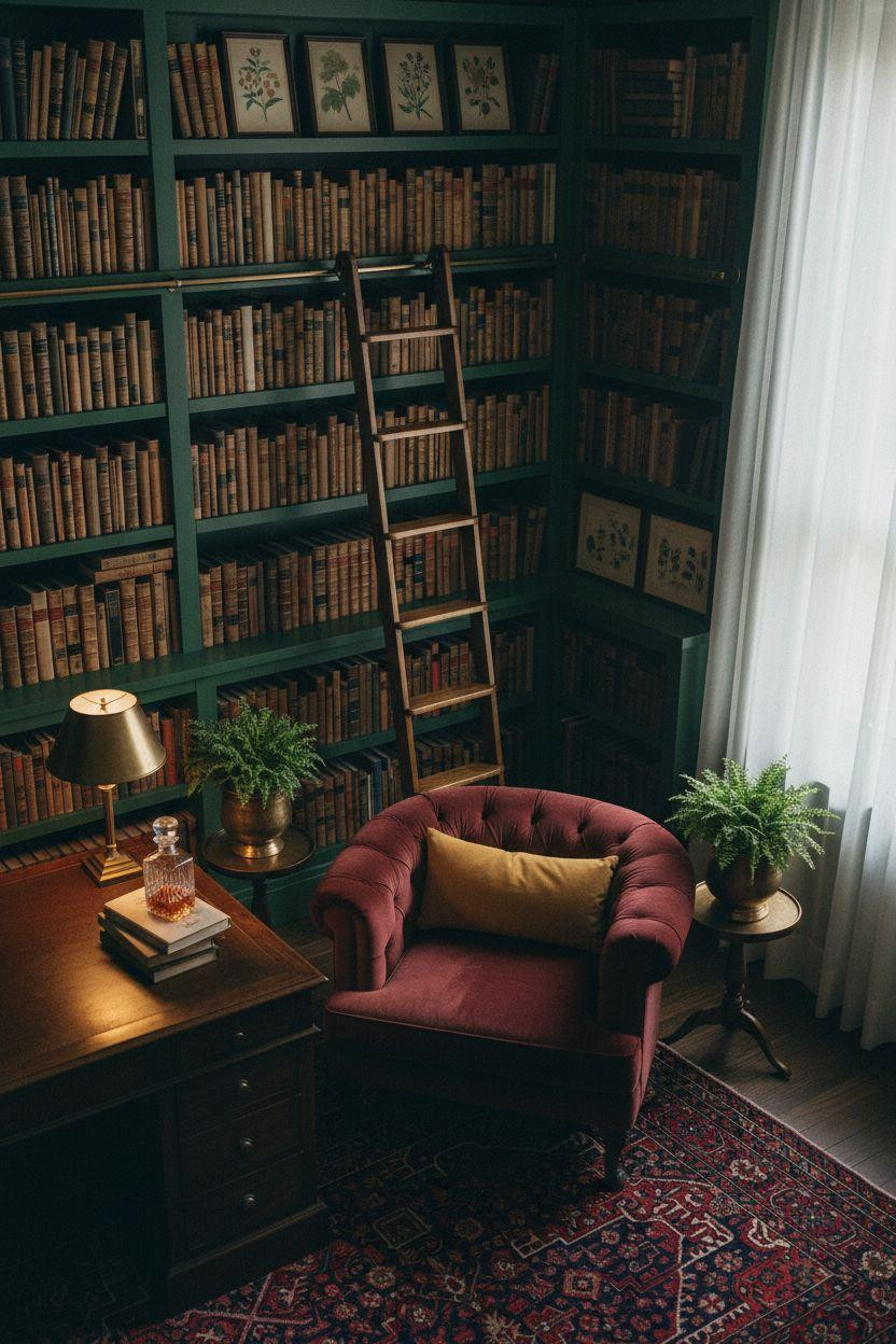 Moody home library with jewel tones and burgundy chair