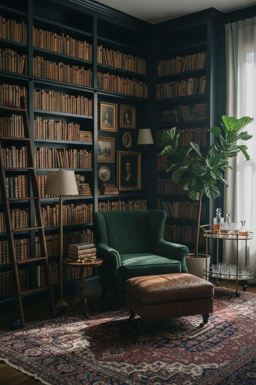 Moody home library with black walls and emerald reading chair