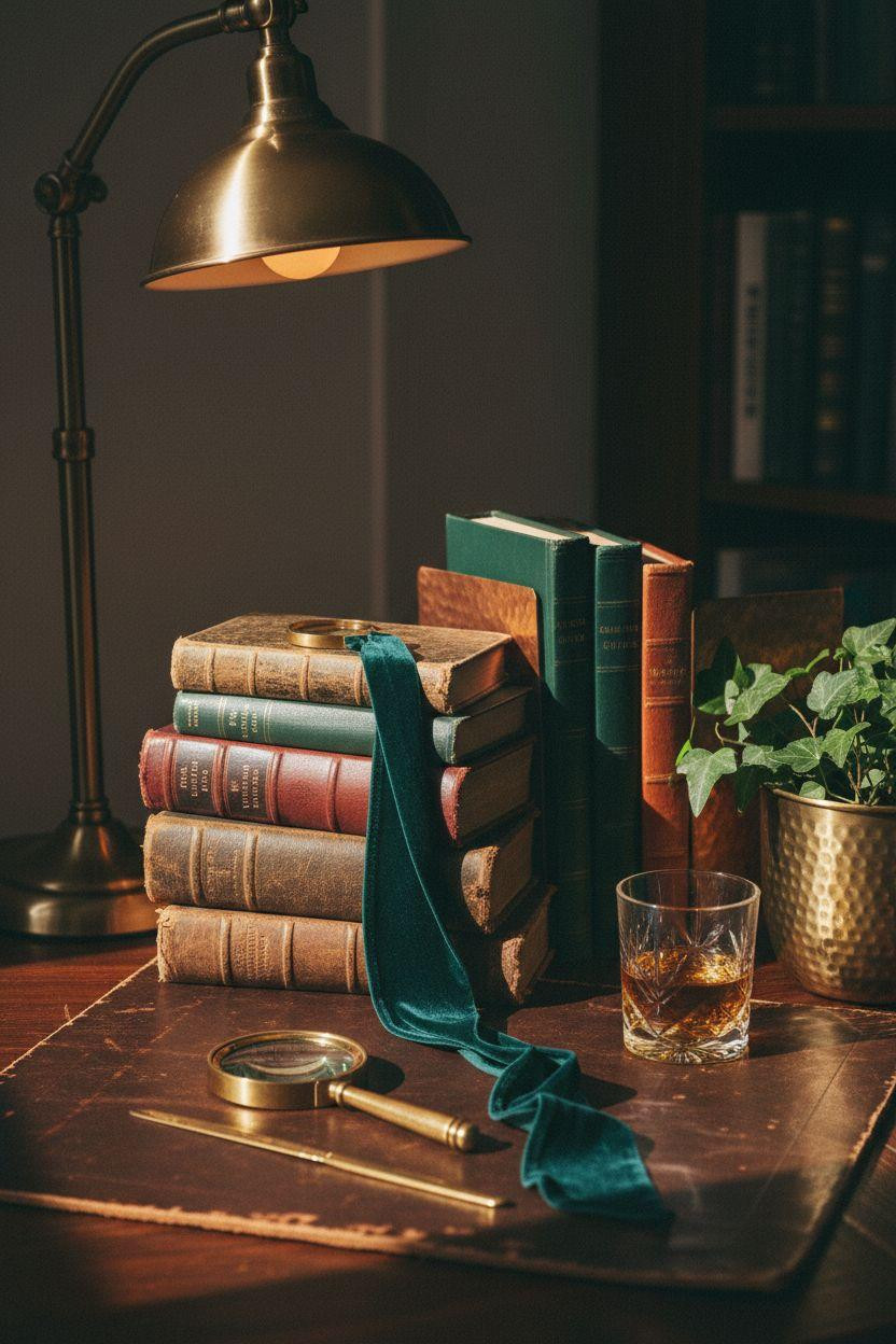 Moody home library corner with brass lamp and stacked books