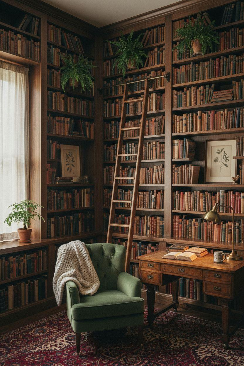 Home Library Rooms Ideas - rich wood shelving with velvet seating and desk