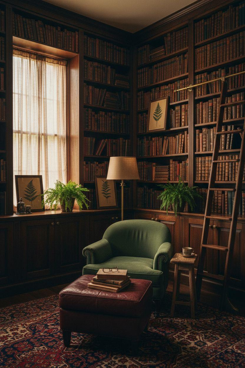 Home Library Rooms Ideas - moody library with dark wooden bookshelves and emerald velvet chair