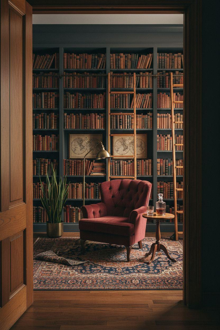 Home Library Rooms Ideas - dramatic library with dark charcoal walls and burgundy seating