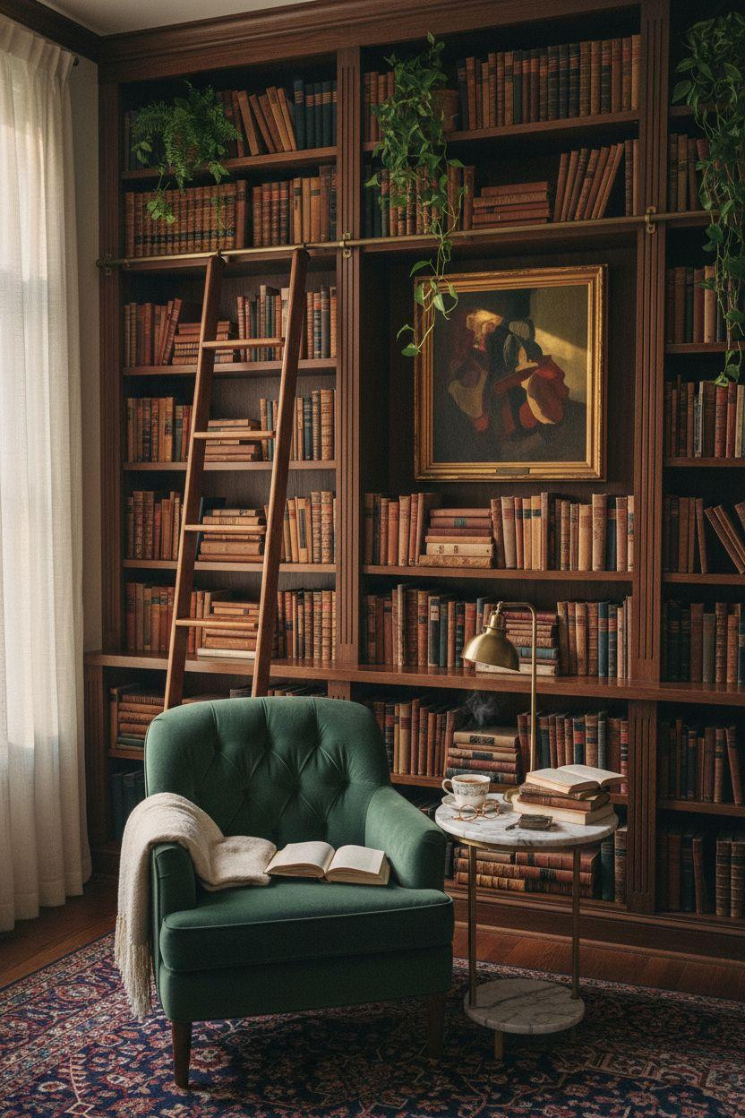 Home Library Rooms Ideas - walnut shelving with velvet chair and brass ladder