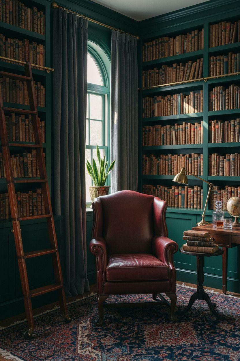 Moody home library with forest green shelves and burgundy chair