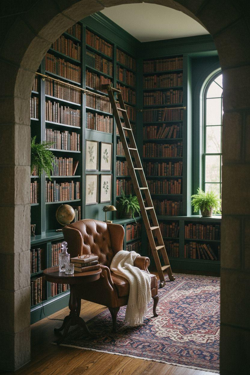 Moody home library with hunter green shelves viewed through doorway