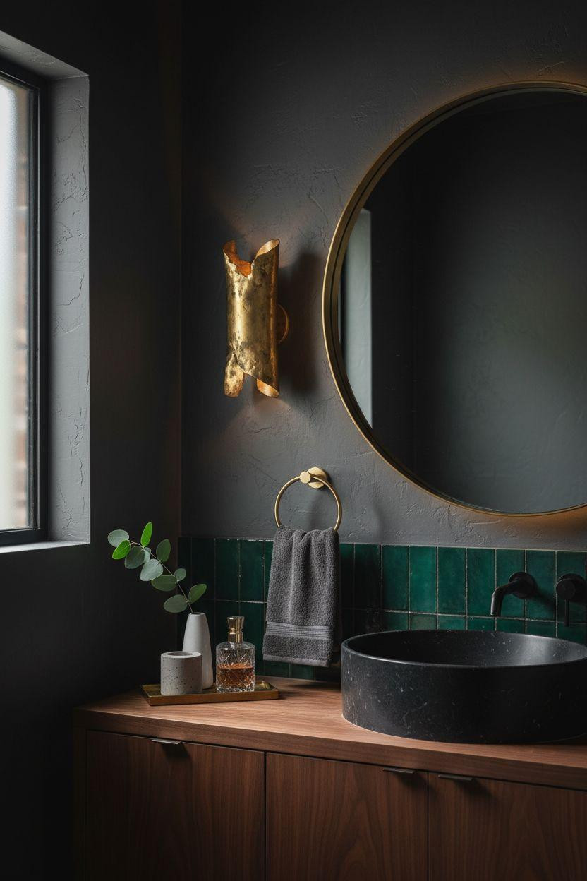 Powder Room Ideas - charcoal walls with emerald tiles