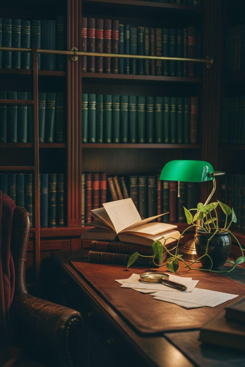 Home Office Library Ideas - closeup of mahogany shelves with green lamp and leather books