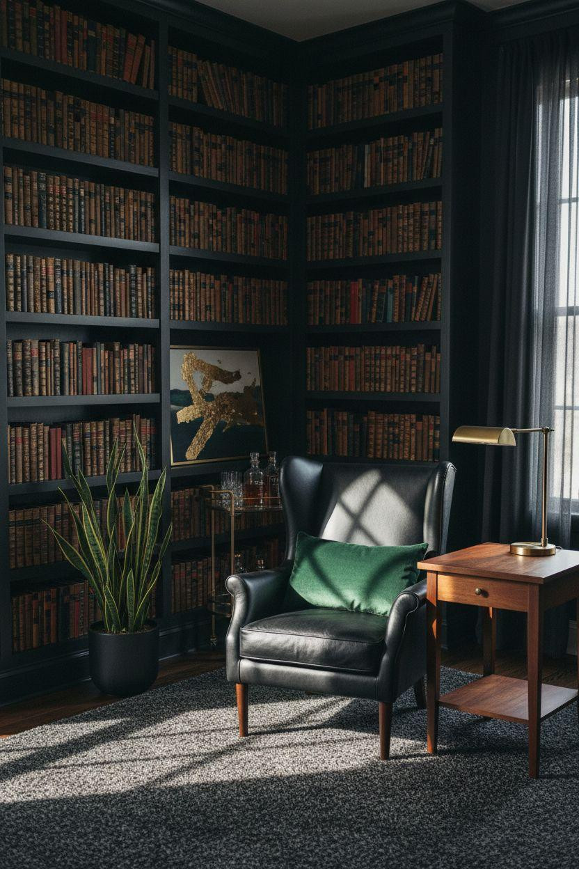 Moody minimalist library with charcoal shelves and emerald accents