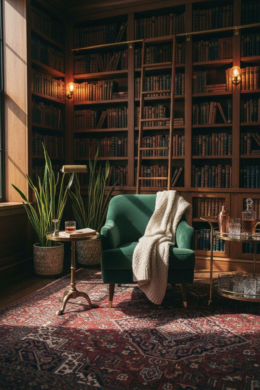 Moody library bar room with emerald chair and brass cart