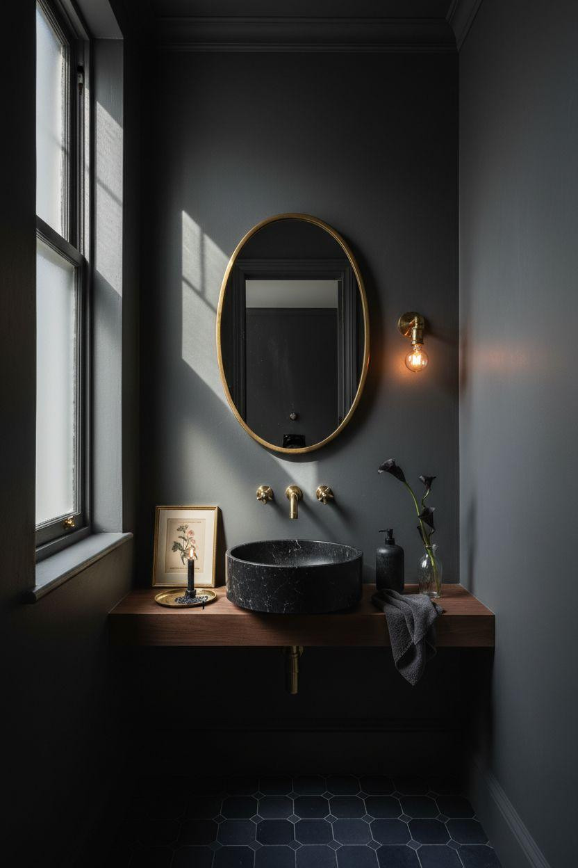 Moody powder room with geometric floor tile and charcoal walls