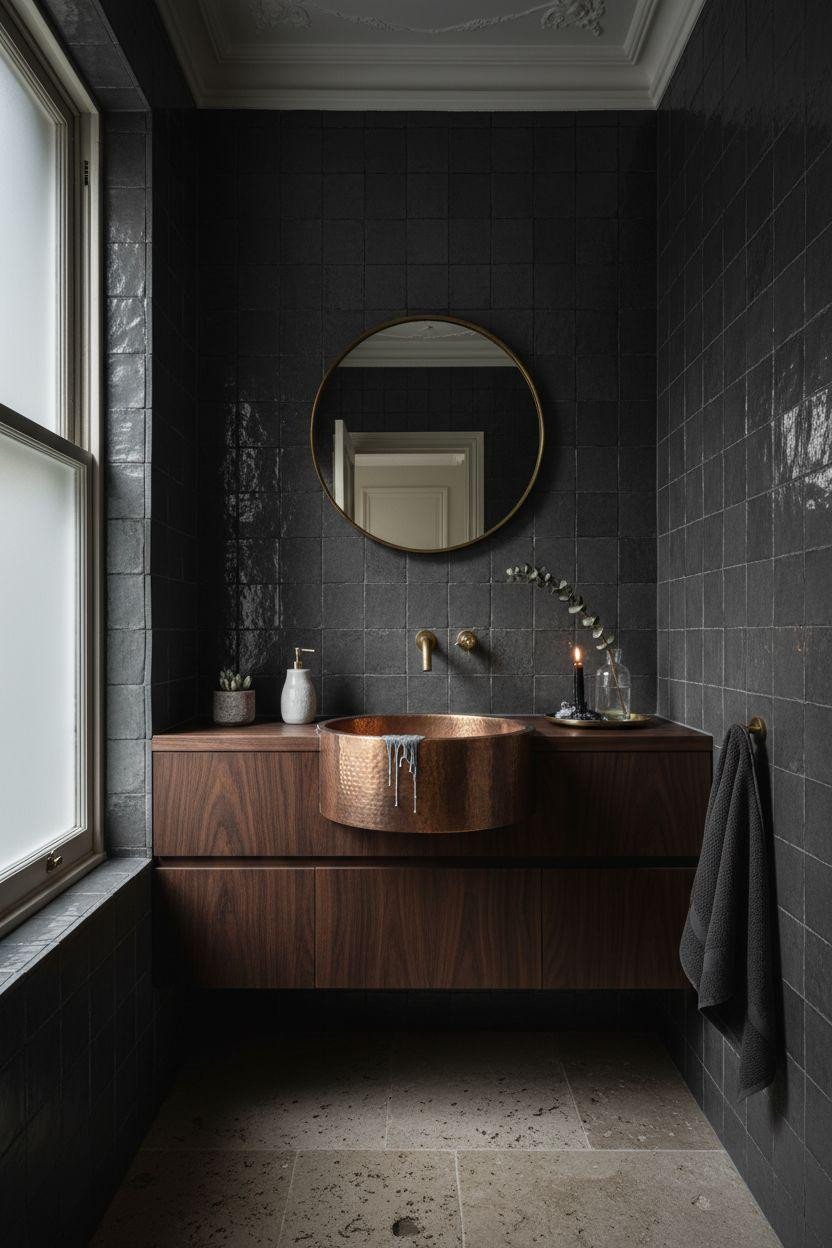 Moody powder room with charcoal zellige tile and copper sink
