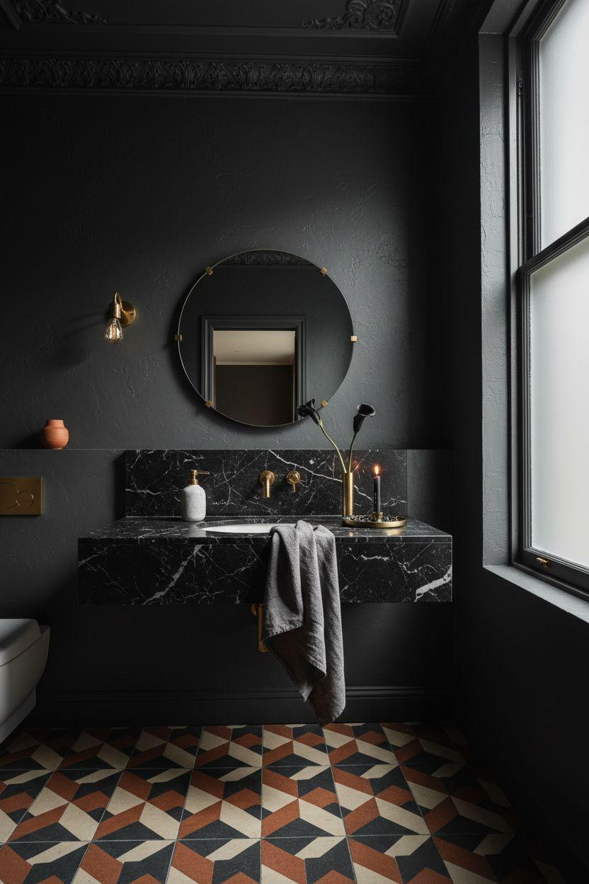 Moody powder room with geometric cement tile floor