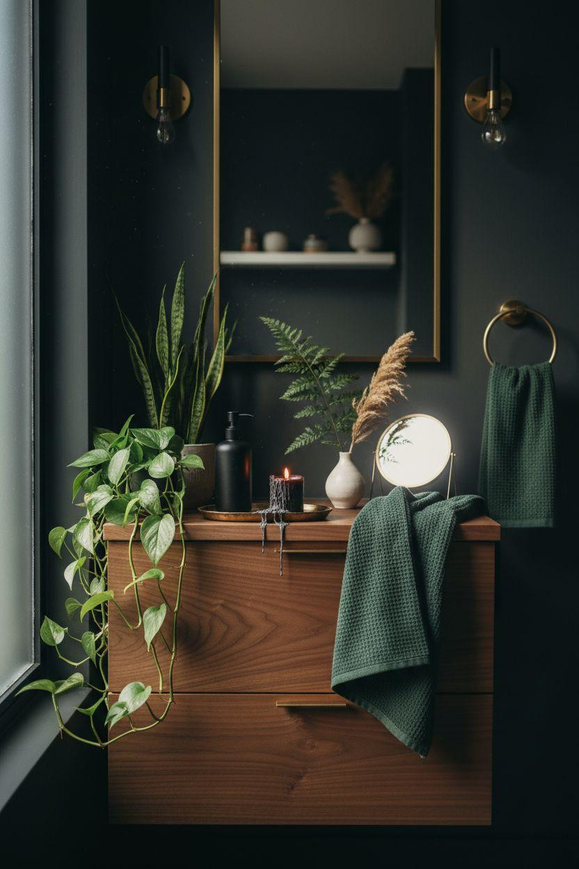 Moody powder room with plants and dark charcoal walls
