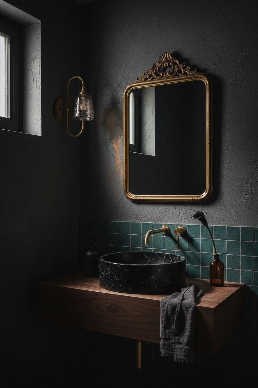 Moody powder room with teal zellige tile accent wall