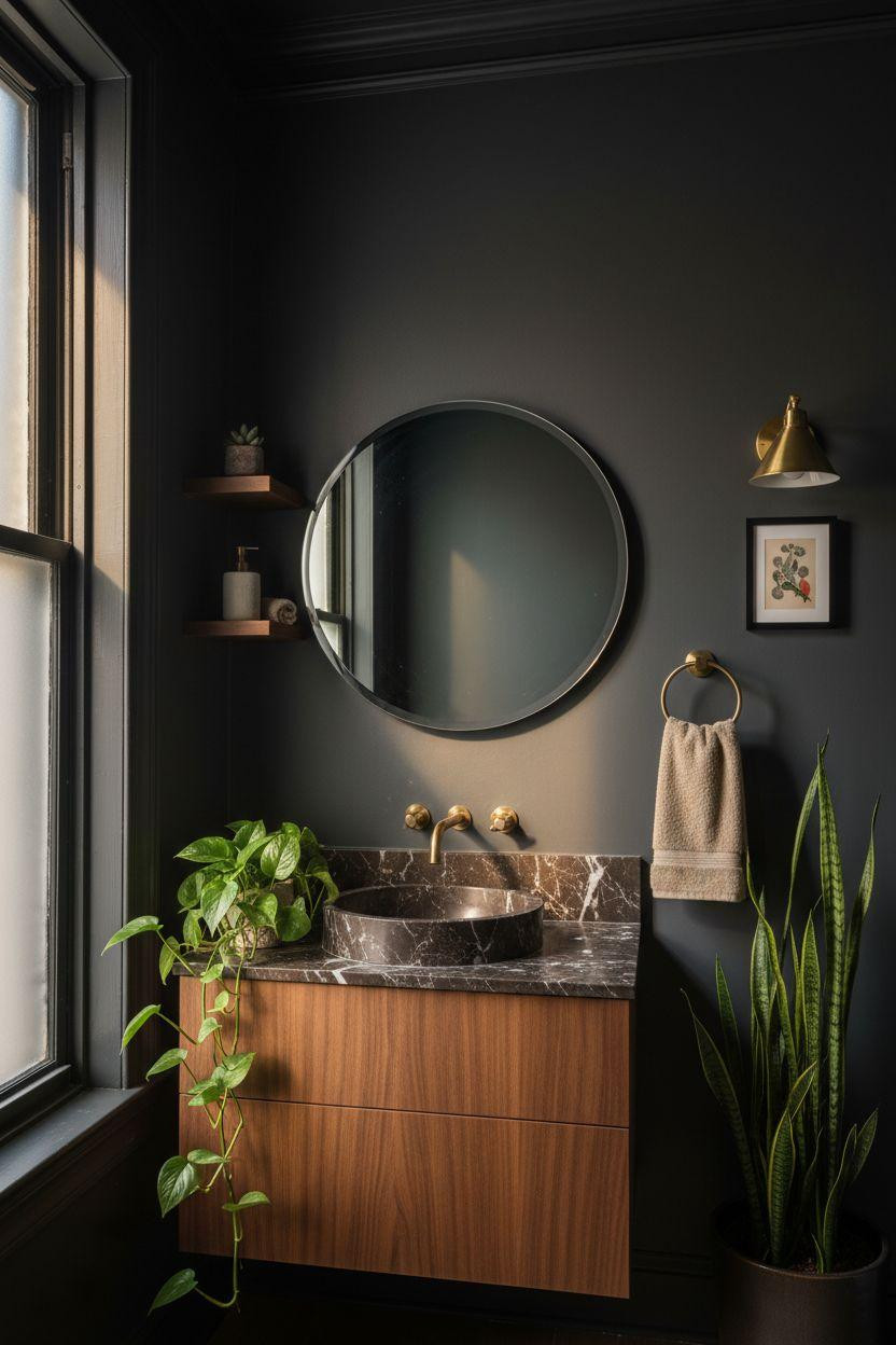 Moody powder room with plants and dark emperador marble