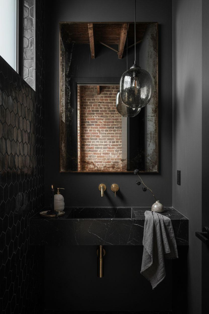 Moody powder room with matte black zellige tile walls